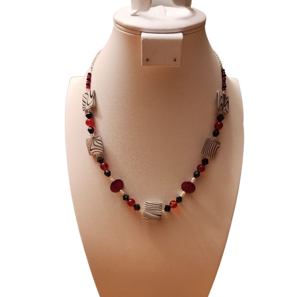 Vintage Red, White And Black Beaded Necklace